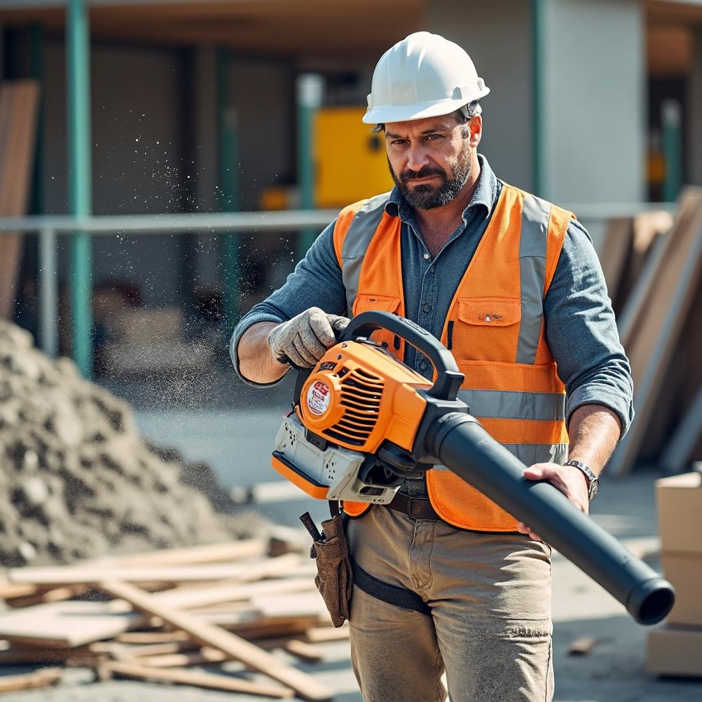 man on construction site holding a leaf blower