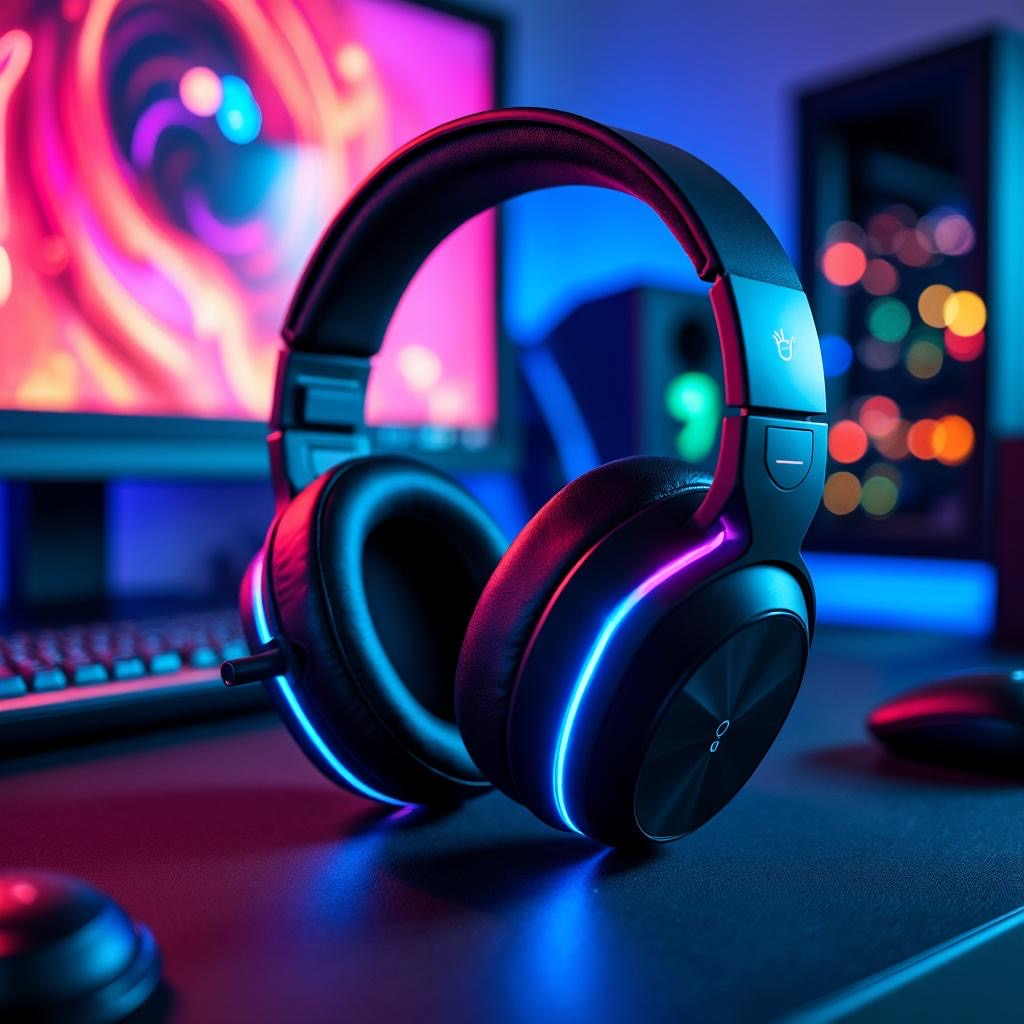 Headsets that lights up sitting on computer desk