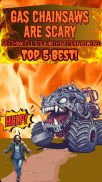 Man running from monster truck chainsaw with teeth looking scared with title gas chainsaws are scary so I think I’ll stick with battery operated Top 5