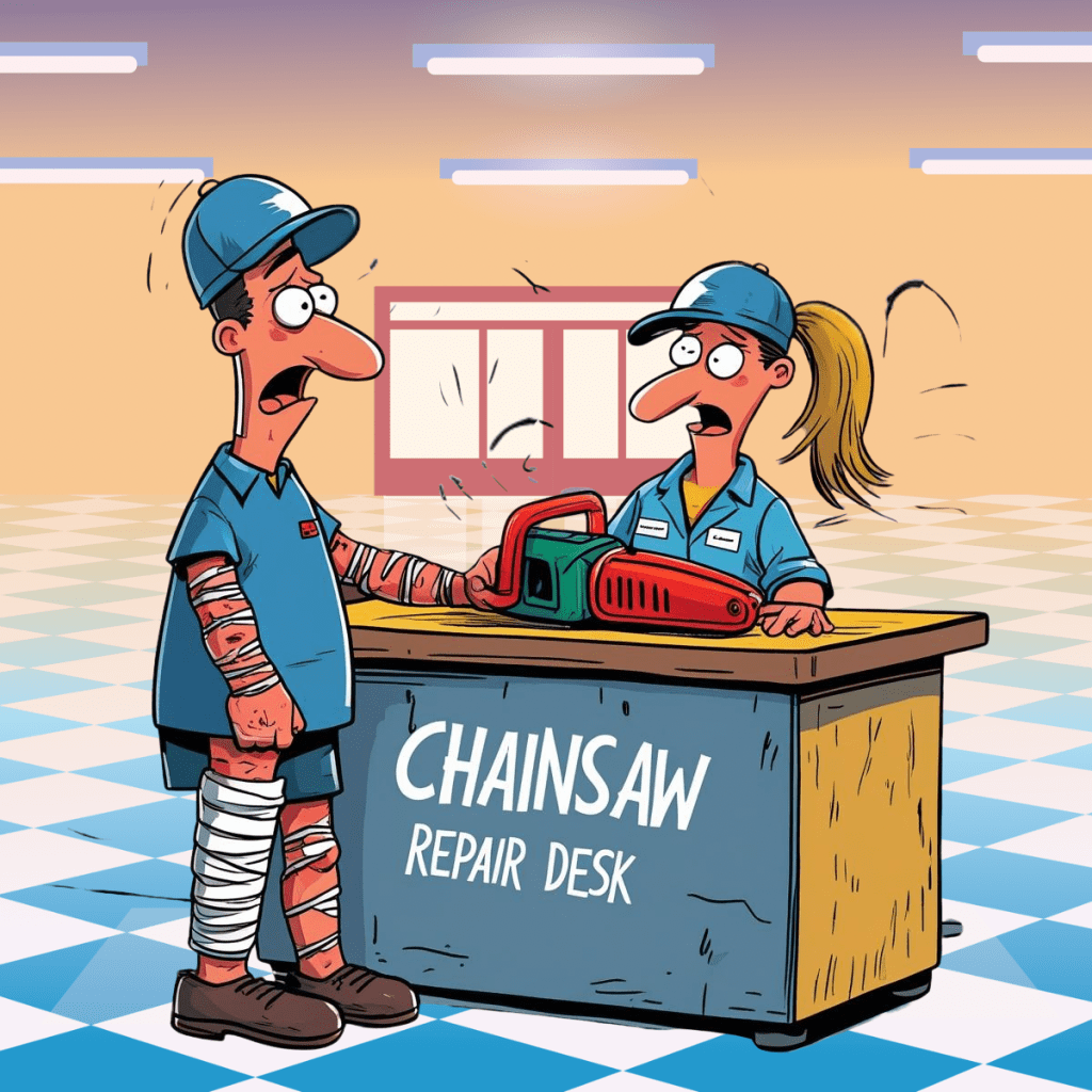 Cartoon image of a man with injuries standing at a chainsaw repair desk