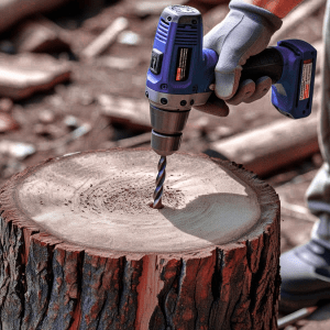 Drill drilling into a stump with a spade bit. 