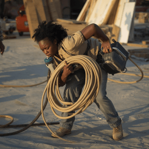 Woman carrying hose looking tired
