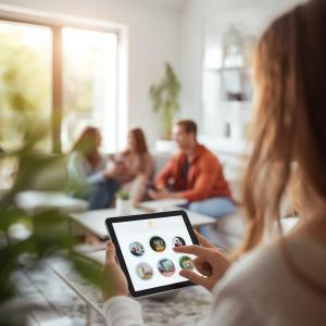 Woman using her tablet to control her smart home 