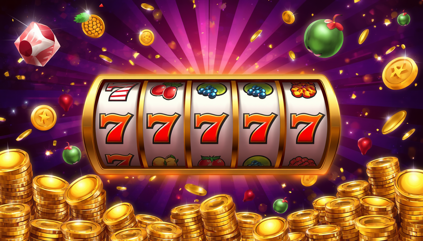 Slot machine reels showing three red 7s with fruit icons, surrounded by gold coins on a purple background